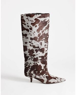 TOPSHOP Tina Hair On Real Leather Kitten Heel Knee Boots - White