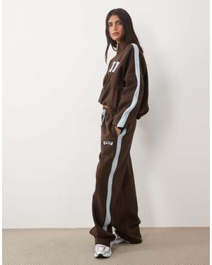 Kaiia Cotton Rich Embroidered Logo Detail Wide Leg Sweatpants - Brown