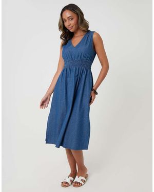 Threadbare Ruched Waist Denim Midi Dress - Blue