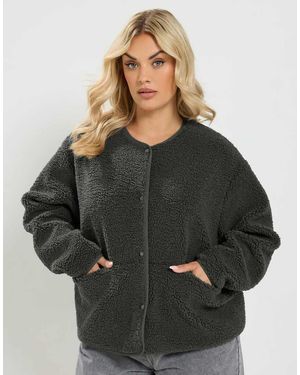 Yours Clothing Collarless Fleece Jacket - Grey