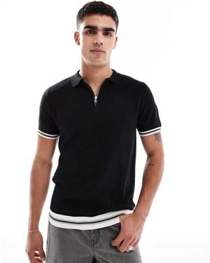 Brave Soul Zip Neck Knitted Polo With Contract Trim - Black