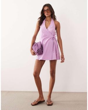 ASOS Cotton Linen Halter Neck Wrap Mini Sundress - Pink