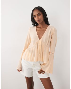 Miss Selfridge Flare Sleeve Button Up Peplum Blouse - Natural