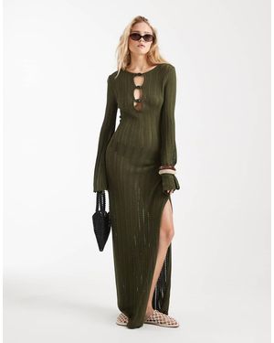 4th & Reckless Knitted Keyhole Bead Detail Flare Sleeve Maxi Beach Dress - Green