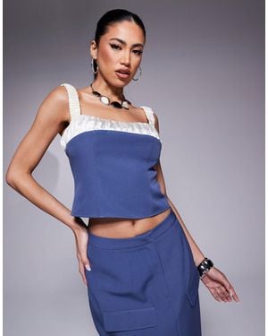 Kaiia Exclusive Ruched Contrast Satin Strap Detail Cami Top Co-ord - Blue