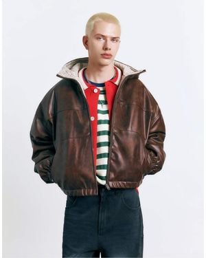 Pull&Bear Distressed Leather Effect Jacket - Brown