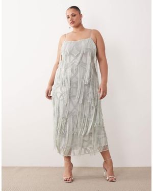 ARRANGE Curve Geo Fringe Cami Column Maxi Dress - Gray