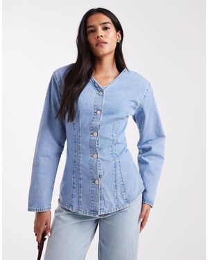 ASOS Cinched Waist V Neck Denim Shirt With Shoulder Pad - Blue