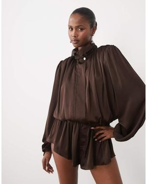 Noughts & Kisses Satin High Neck Extreme Drape Balloon Sleeve Playsuit - Brown