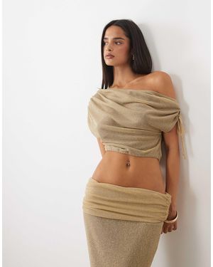 ASOS Glitter Knit Off The Shoulder Asymmetric Cinched Waist Top - Brown