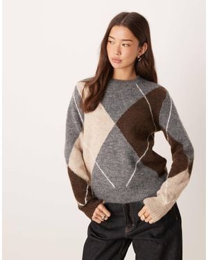 Aware Oversized Hairy Textured Argyle Print Knitted Sweater - Grey