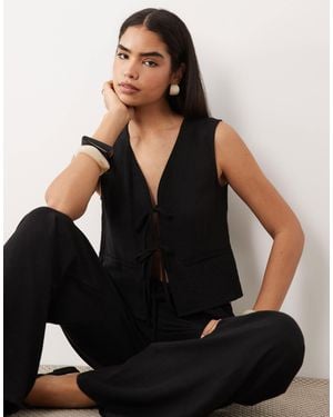 Kaiia Exclusive Tie Front Waistcoat Top With Linen - Black