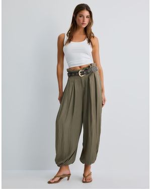 Stradivarius Satin Sarouel Trousers With Belt - Green