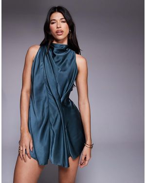ASOS High Neck Drape Satin Playsuit - Blue