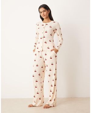 Chelsea Peers Pijama De Manga Larga Con Estampado De Cerezas Y Rayas De Canalé De -Blanco - Neutro