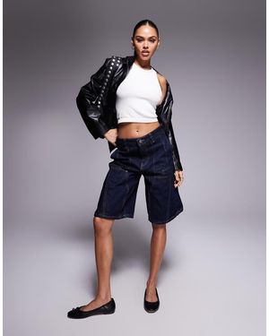 Courtside Panel Detail Denim Jorts With Back Pocket Logo Embroidery - Blue