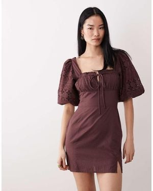 Wednesday's Girl Short Sleeve Broderie Sleeved Mini Dress - Red