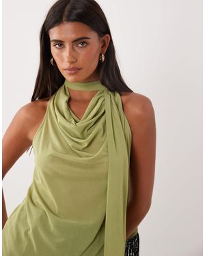 ASOS Sheer Mesh Cowl Neck Top With Fringe Scarf - Green