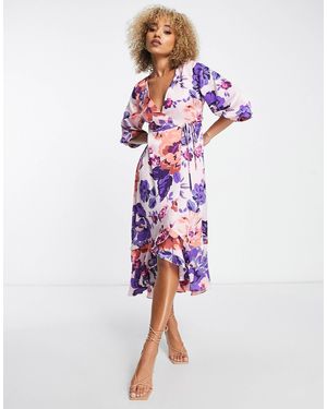 Liquorish – midi-wickelkleid aus satin mit puffärmeln und übergroßem blumenmuster - Weiß