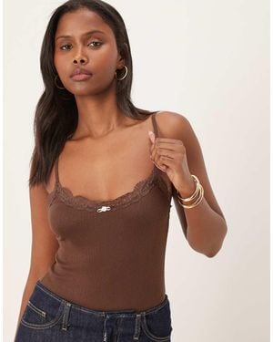 For Love & Lemons Elliana Pointelle Lace Trim Bodysuit - Brown