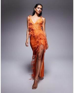 ASOS Lace Plunge Cami Maxi Dress With 3D Florals And Fringing - Orange