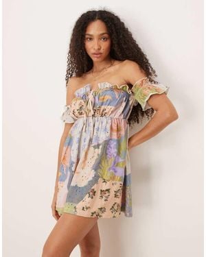 ASOS Eyelet Frill Off The Shoulder Mini Dress - Natural