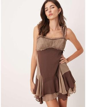 ASOS Cap Sleeve Contrast Ribbon Ruffle Hem Mini Dress - Brown