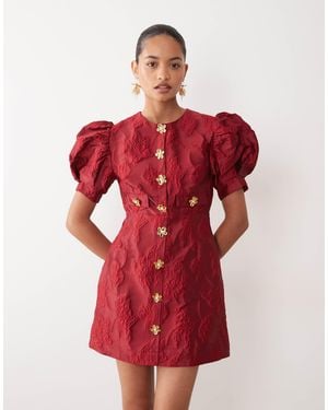 Sister Jane Anemone Exclusive Jacquard Puff Sleeve Gold Flower Button Up Mini Dress - Red