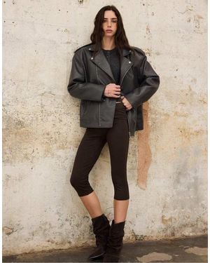 Stradivarius Leather Effect Biker Jacket - Black