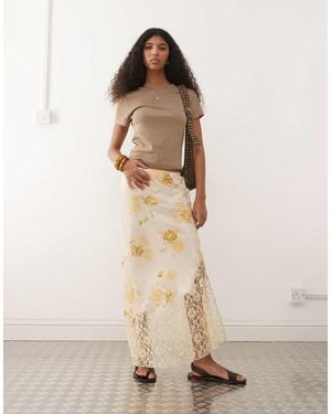 Reclaimed Vintage Satin Midi Skirt With Asymmetric Hem And Lace Panel - Natural