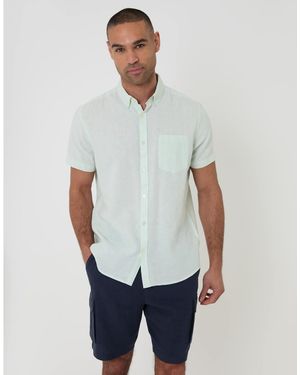 Threadbare Camisa Verde Menta De Manga Corta De Mezcla De Lino De -Azul - Blanco