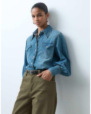 Wrangler Camisa Vaquera Western Con Mangas Abullonadas En Azul Medio