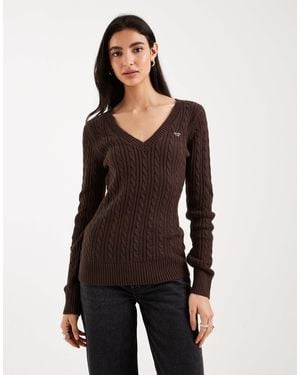 Hollister Logo V Neck Cable Knit Sweater - Brown
