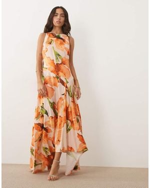 ASOS Vestido Maxi Sin Mangas Con Espalda De Nadador Y Bajo En Pico Estampado Floral Naranja-Multi