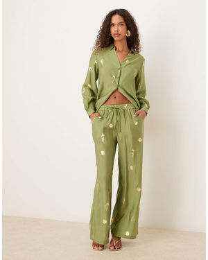 Never Fully Dressed Gold Foil Shell Wide Leg Trouser Co-ord - Green