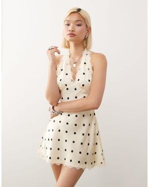 Lioness Stars Align Halterneck Lace Trim Open Back Satin Mini Dress - Natural