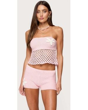 Edikted Tahna Flower Strapless Crochet Top - Pink