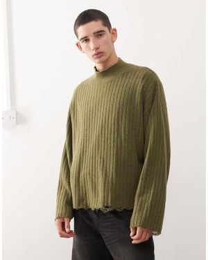 Weekday Ribbed Turtleneck Sweater With Distressed Hem Detail - Green