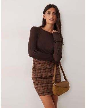 New Look Check Lace Trim Mini Skirt - Brown