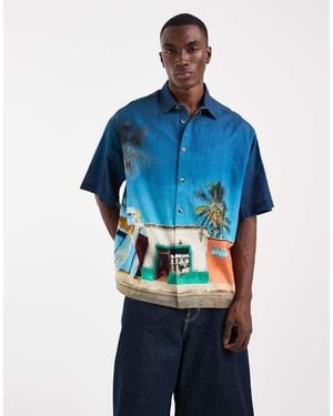 ASOS Oversized Holiday Print Shirt With Linen - Blue