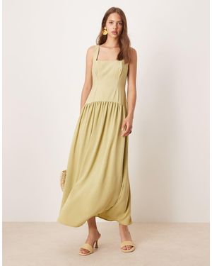 ASOS Vestito Midi Oliva Con Scollo Squadrato E Vita Scesa - Neutro