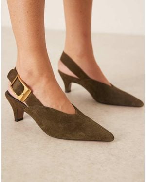 ASOS Shiloh Large Buckle Detail Slingback Kitten Heel Shoes - Natural