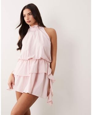 Aria Cove High Neck Frill Detail Tiered Mini Dress - Pink