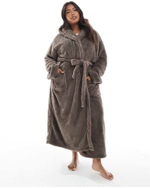 Loungeable Curve Cozy Sherpa Hooded Maxi Robe - Brown