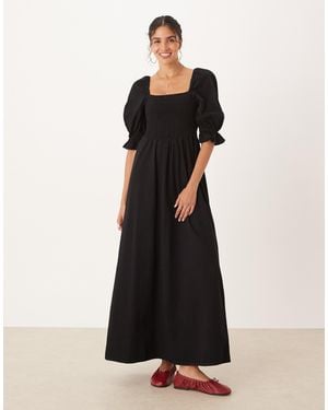 ASOS Soft Denim Puff Sleeve Midi Dress With Shirring - Black