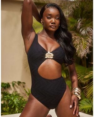 South Beach Textured Wave Swimsuit With Gold Flower Detail - Green