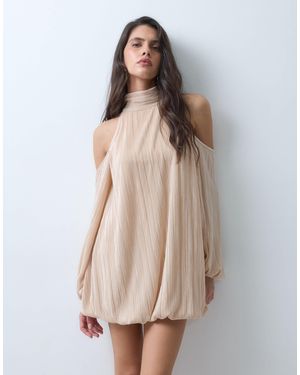 ASOS Bubble Plisse Mini Dress With High Neck - Natural