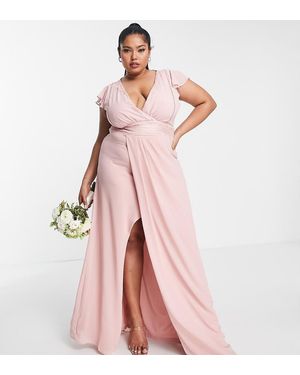 Tfnc Plus Bridesmaid Flutter Sleeve V Neck Dress - Pink