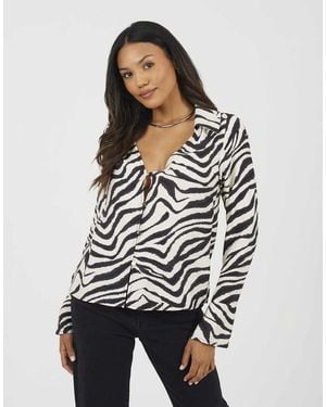 Brave Soul Zebra Print Long Sleeve Collared Blouse - White