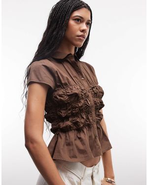 Collusion Ruched Fitted Short Sleeve Shirt - Brown